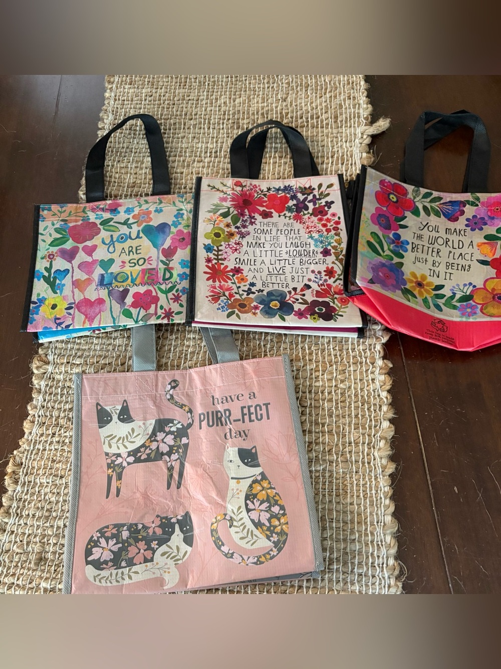 Bundle of 4 Reusable Boho Gift Bags/Small Totes Nat Life and Cat Themed